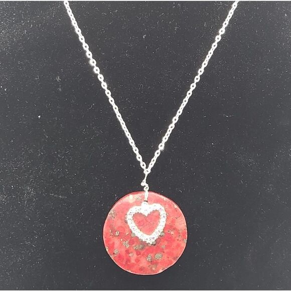 Repurposed Handcrafted Silver link chain with red stone and pink rhineston heart - Picture 4 of 9